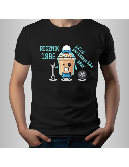 Koszulka Męska z Nadrukiem (185 g/m2) Rocznik 1986 pali od pierwszego łyka kawy