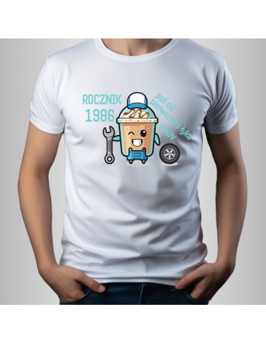 Koszulka Męska z Nadrukiem (185 g/m2) Rocznik 1986 pali od pierwszego łyka kawy