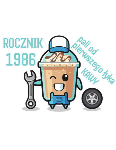 Koszulka Męska z Nadrukiem (185 g/m2) Rocznik 1986 pali od pierwszego łyka kawy