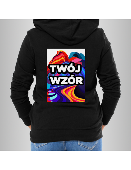 Bluza Damska Czarna z Kapturem i Kieszenią z Własnym Nadrukiem