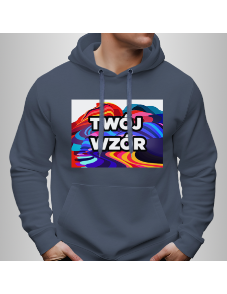 Bluza Męska Granatowa z Kapturem i Kieszenią z Własnym Nadrukiem