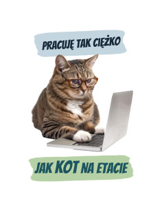 Koszulka z kotem męska z nadrukiem kota przy laptopie – Pracuję tak ciężko jak kot na etacie 2